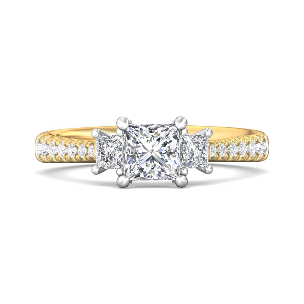 FlyerFit® 18K Yellow Gold Shank And White Gold Top Three Stone Engagement Ring
